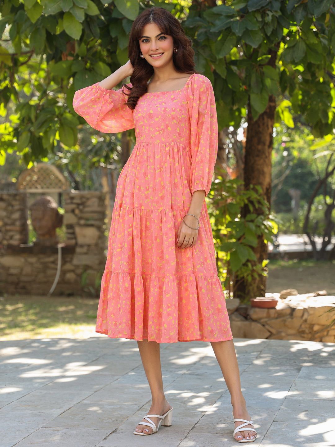 Janasya Light Georgette Floral Tiered Dress | Swadesiicart