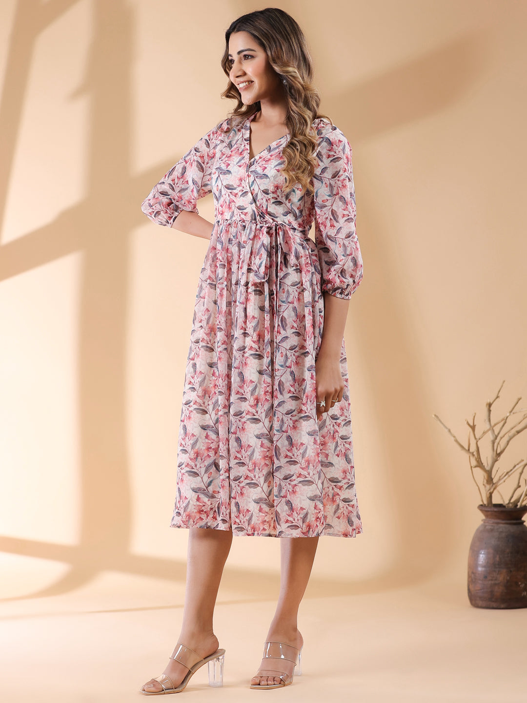 Janasya Light Georgette Floral Wrap Dress | Swadesiicart
