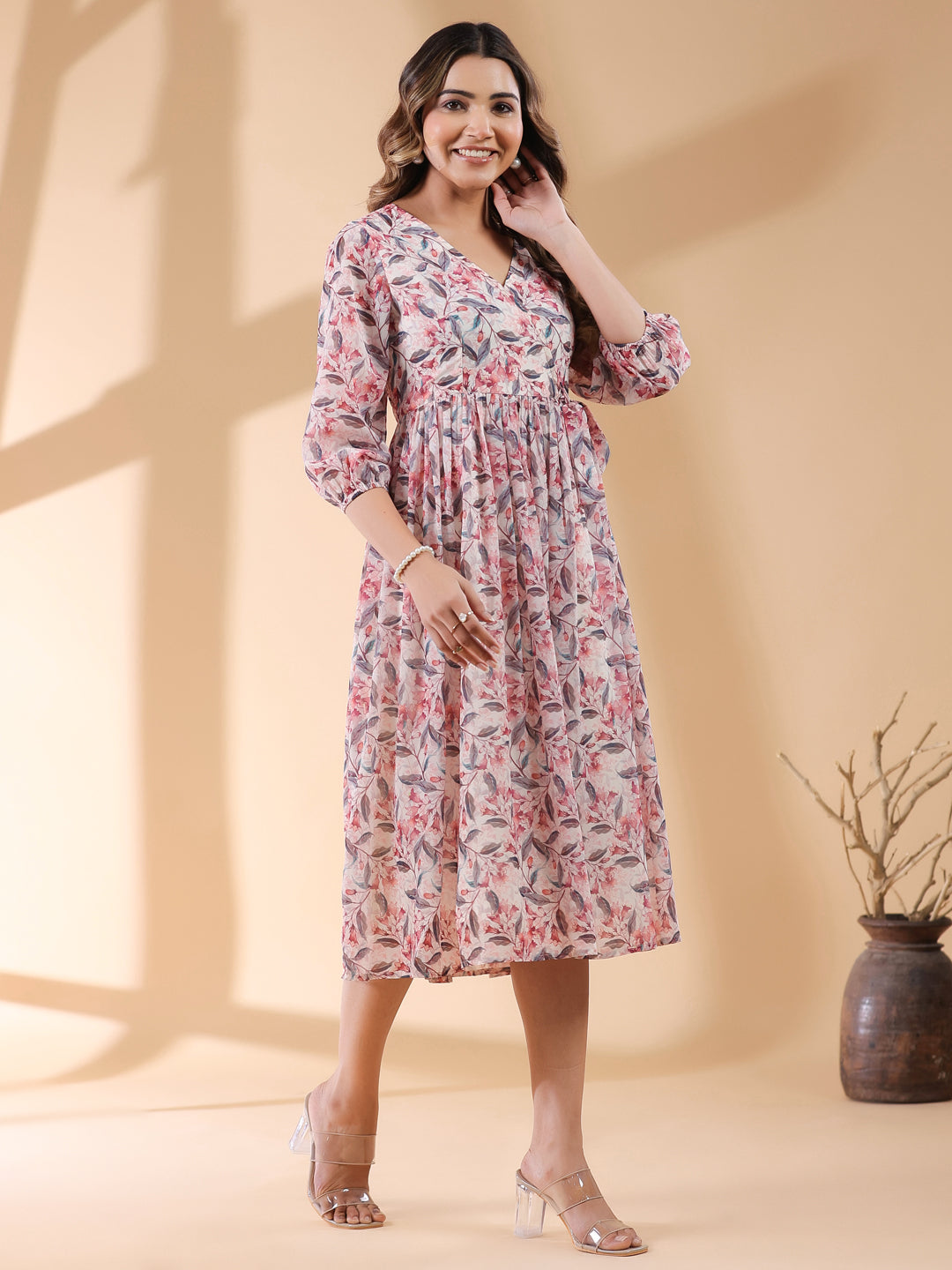 Janasya Light Georgette Floral Wrap Dress | Swadesiicart