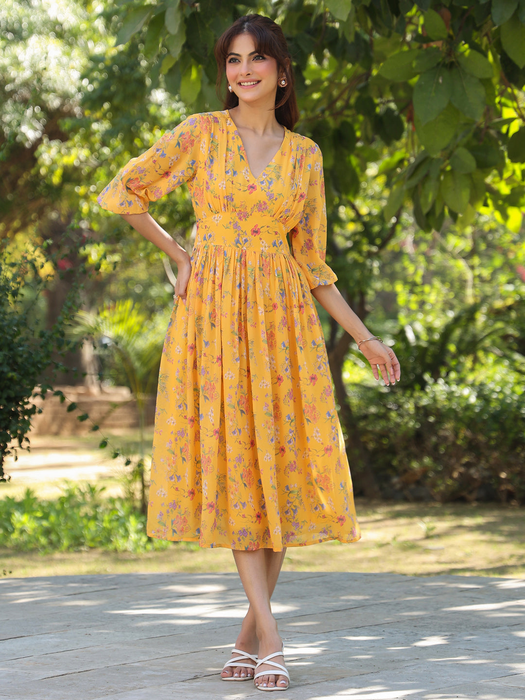 Janasya Bright Georgette Floral Gathered Dress | Swadesiicart