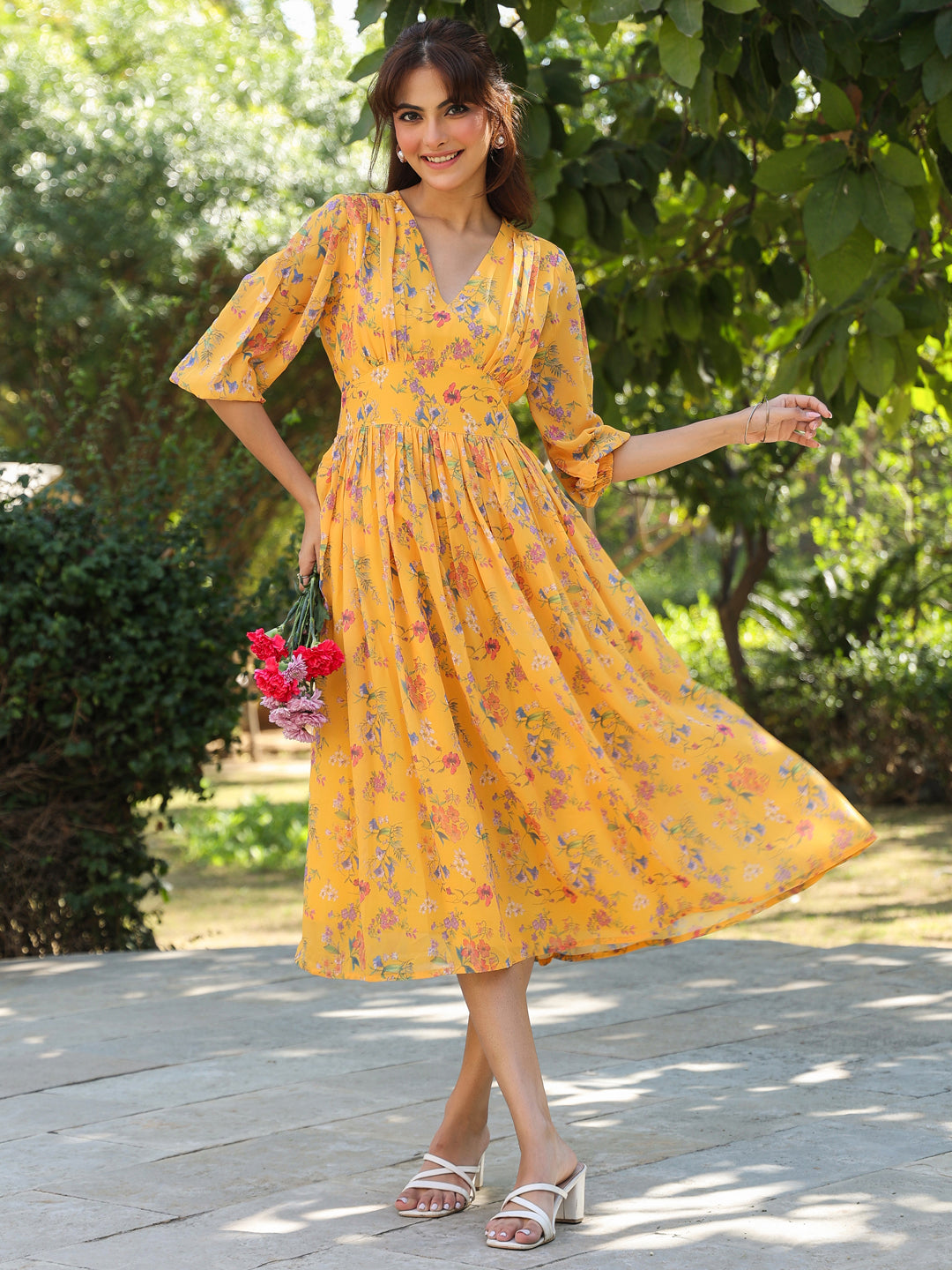 Janasya Bright Georgette Floral Gathered Dress | Swadesiicart