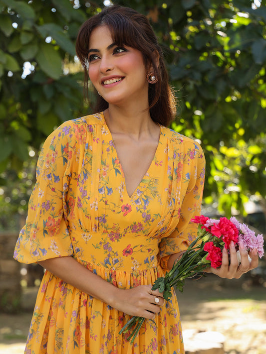 Janasya Bright Georgette Floral Gathered Dress | Swadesiicart