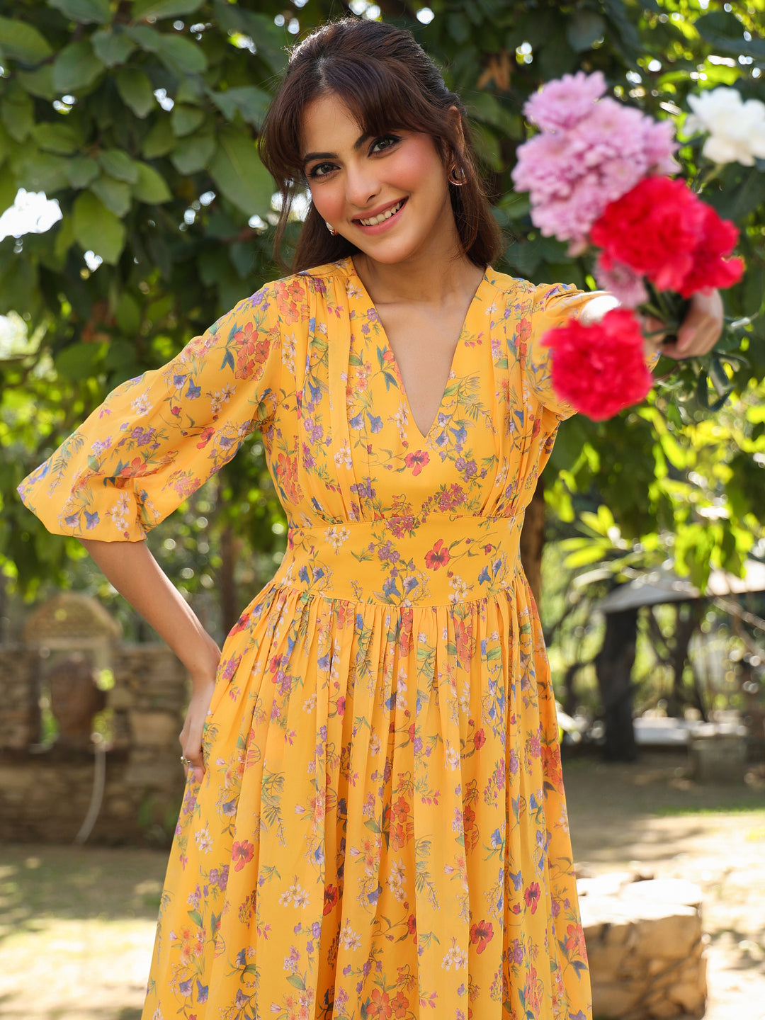 Janasya Bright Georgette Floral Gathered Dress | Swadesiicart