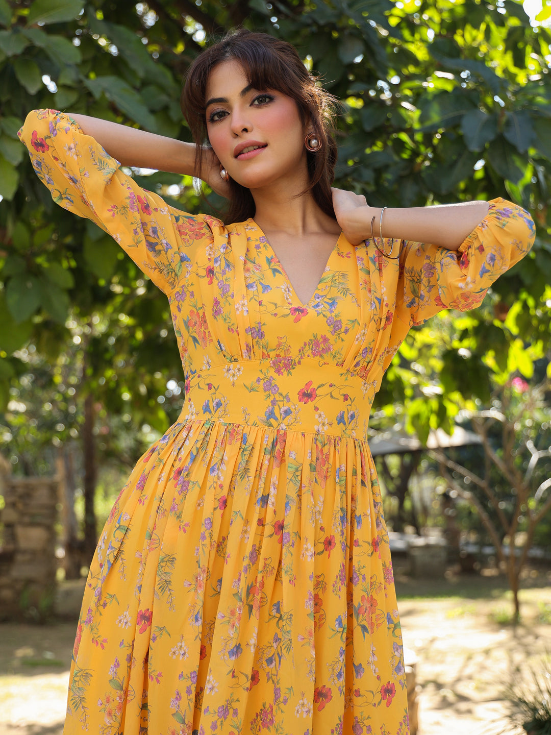 Janasya Bright Georgette Floral Gathered Dress | Swadesiicart