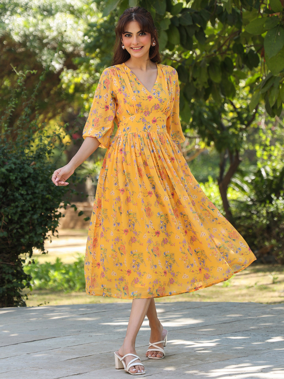 Janasya Bright Georgette Floral Gathered Dress | Swadesiicart