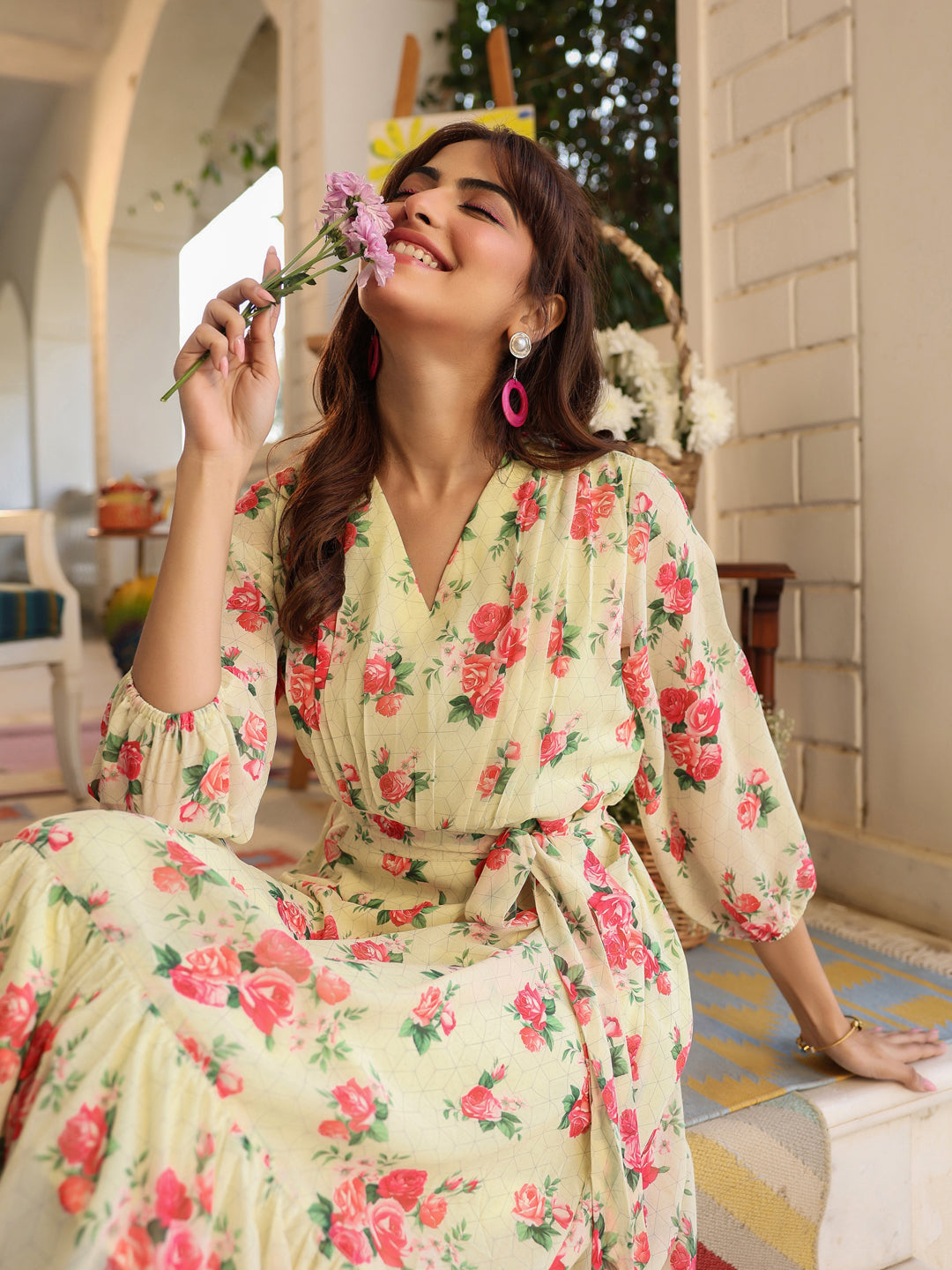 Janasya Bright Georgette Floral Fit & Flare Dress | Swadesiicart