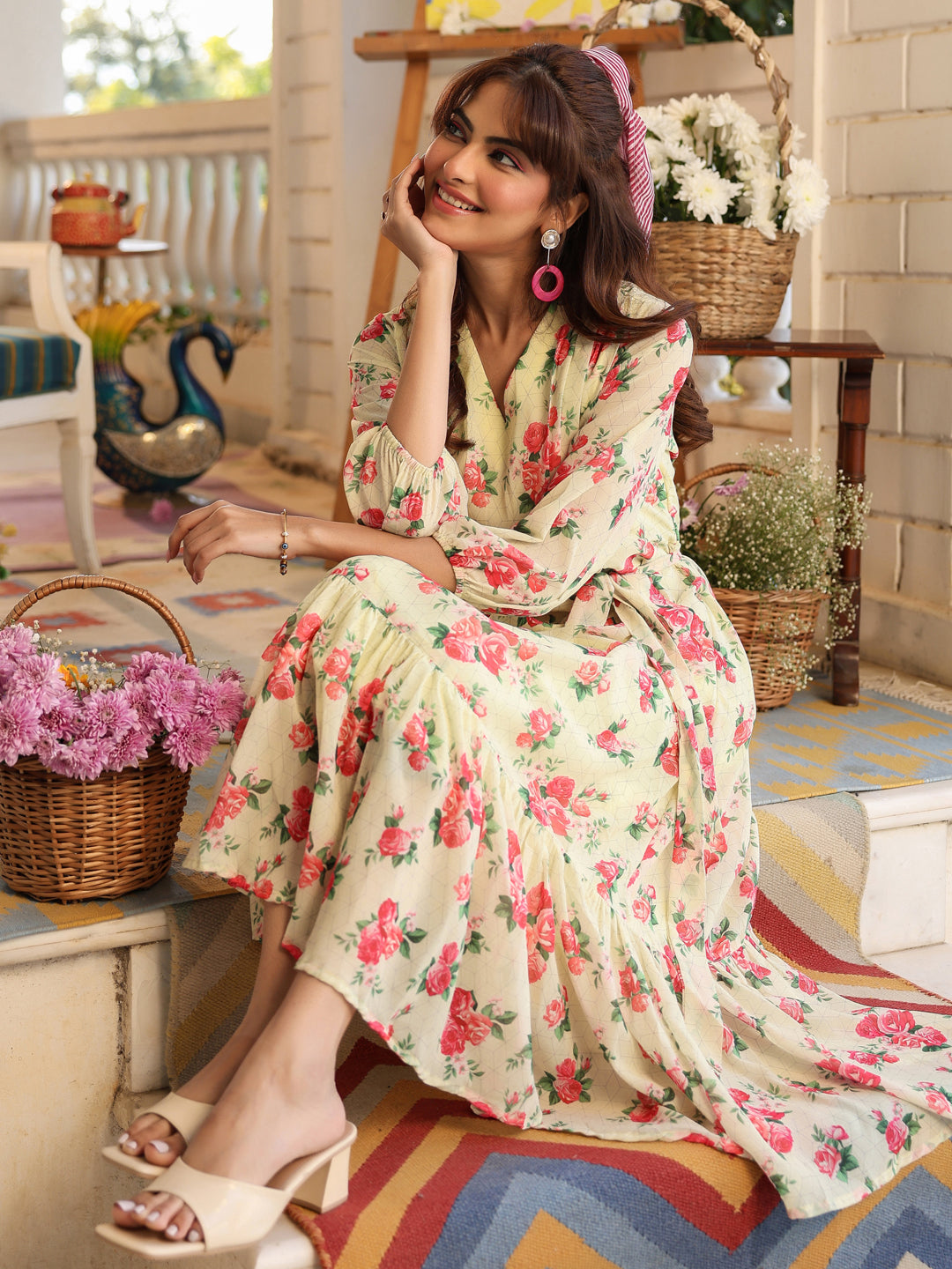 Janasya Bright Georgette Floral Fit & Flare Dress | Swadesiicart