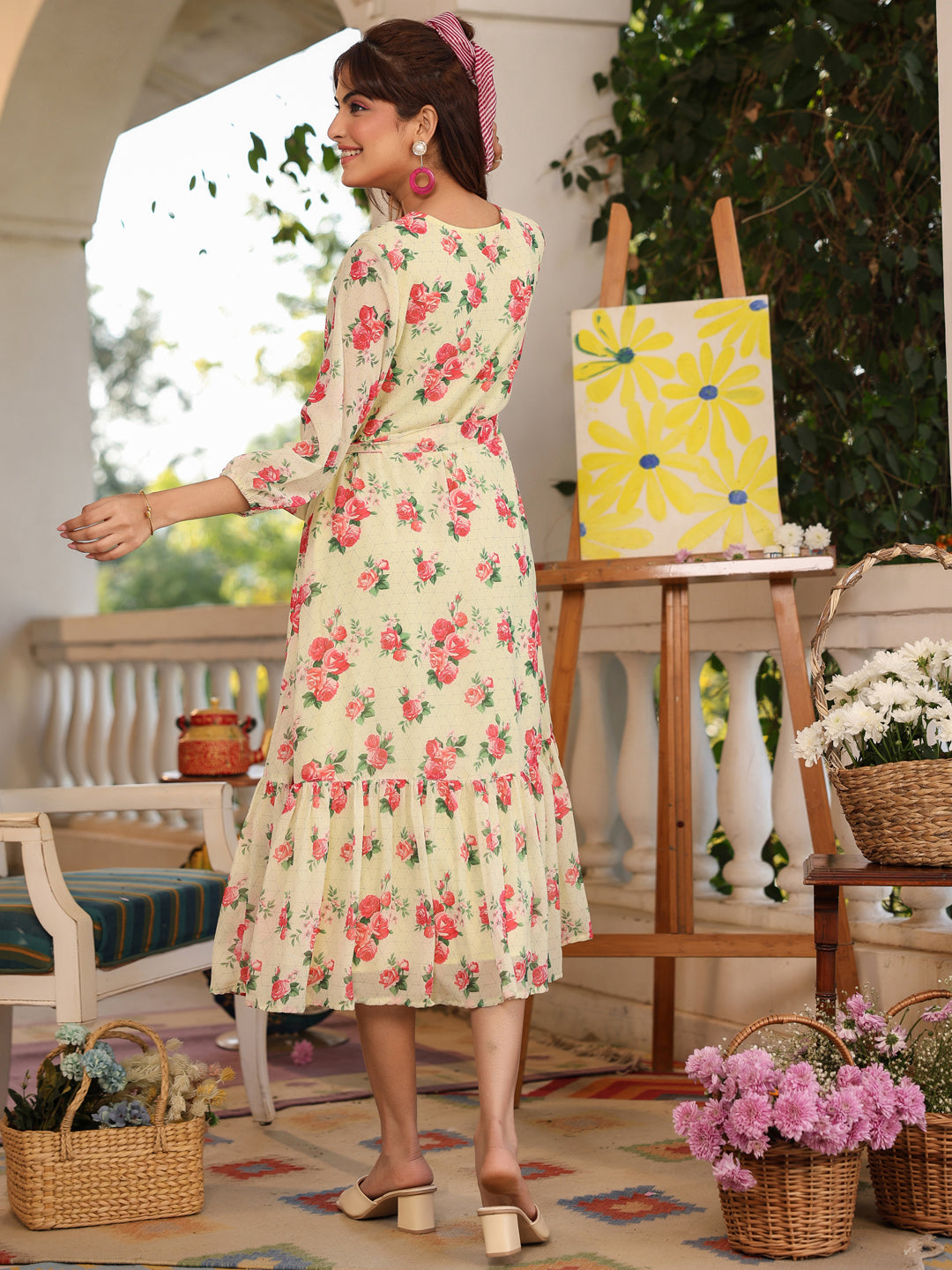 Janasya Bright Georgette Floral Fit & Flare Dress | Swadesiicart