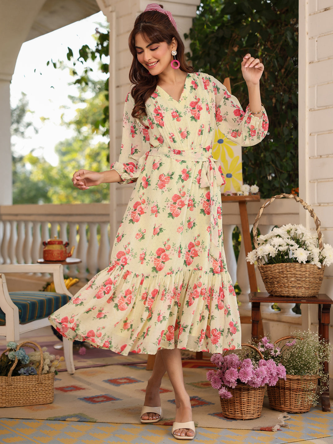 Janasya Bright Georgette Floral Fit & Flare Dress | Swadesiicart