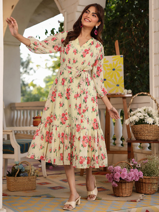 Janasya Bright Georgette Floral Fit & Flare Dress | Swadesiicart