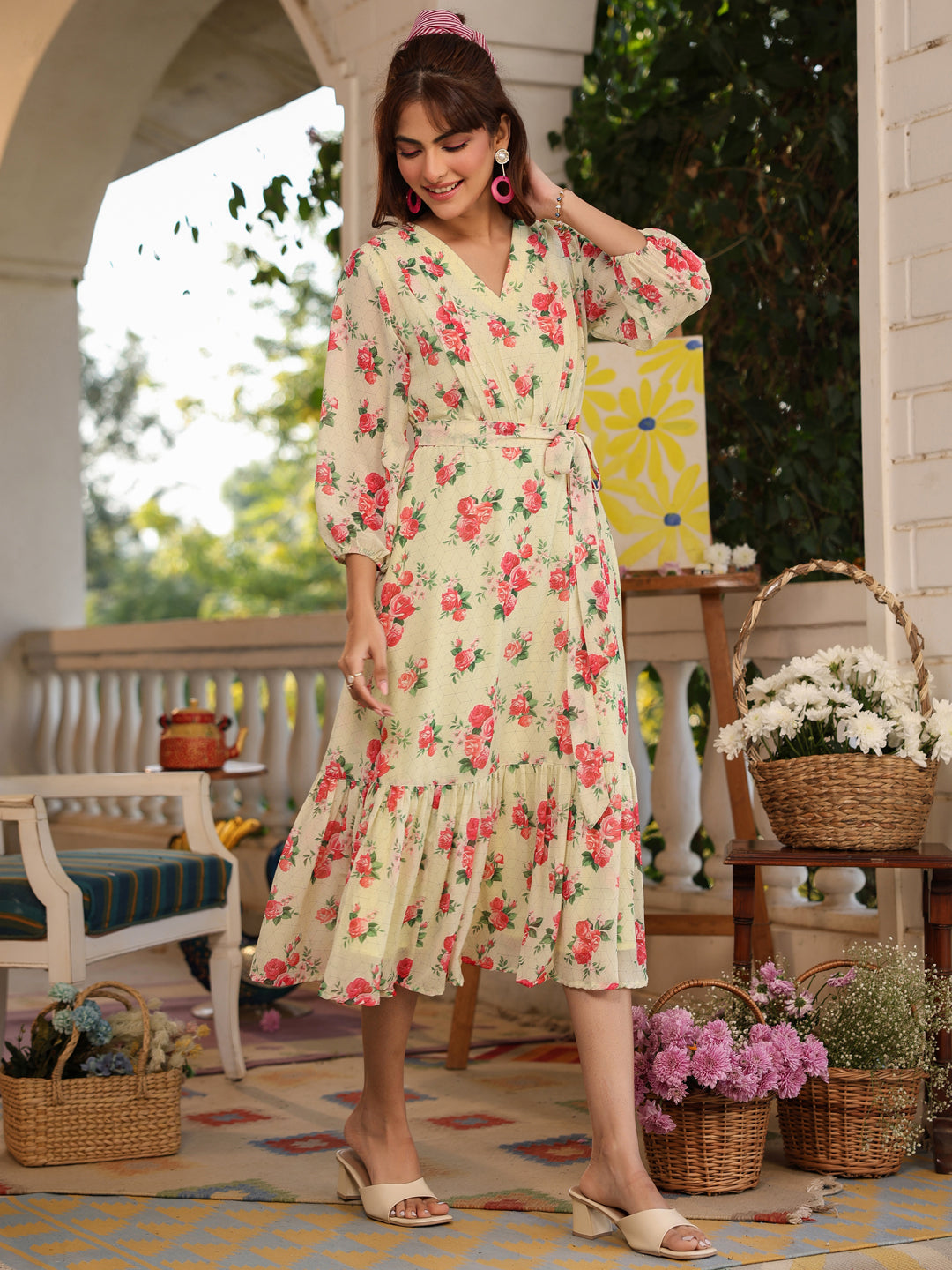 Janasya Bright Georgette Floral Fit & Flare Dress | Swadesiicart