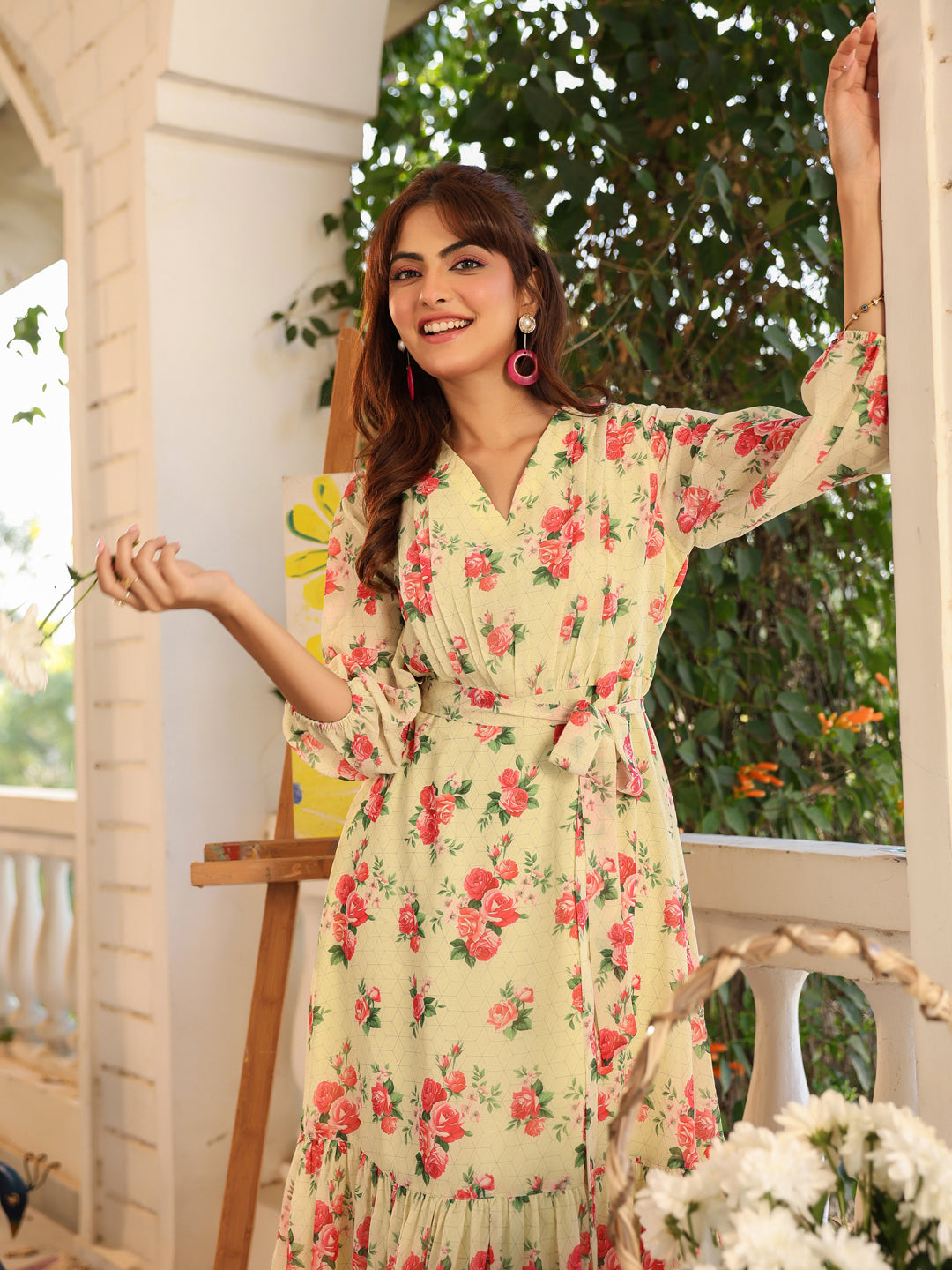 Janasya Bright Georgette Floral Fit & Flare Dress | Swadesiicart