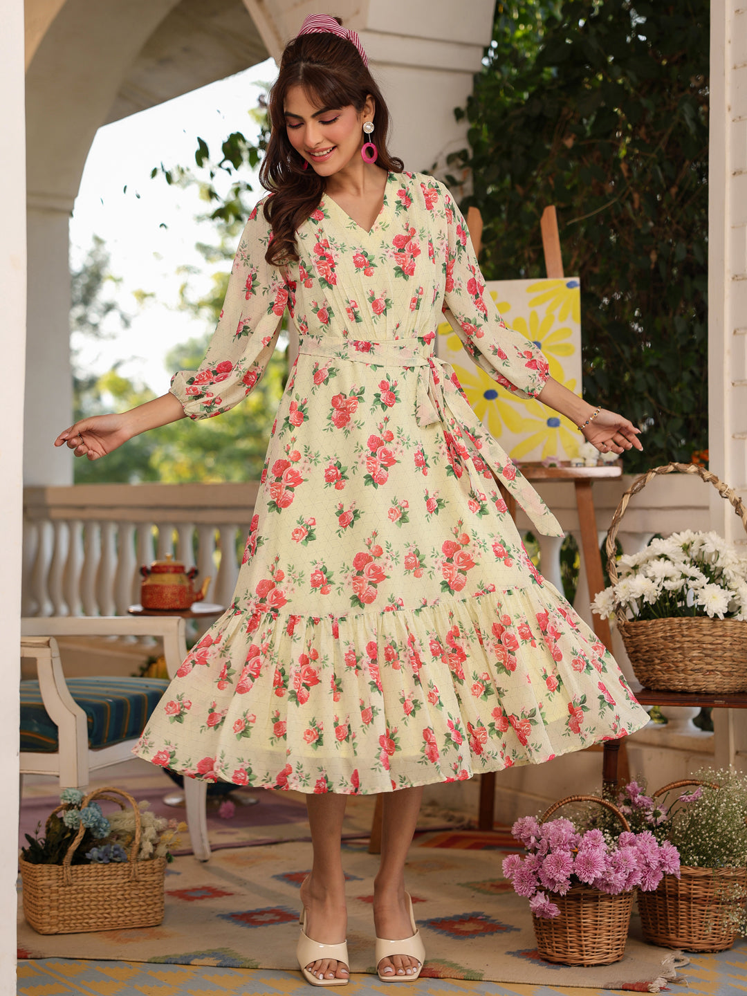 Janasya Bright Georgette Floral Fit & Flare Dress | Swadesiicart