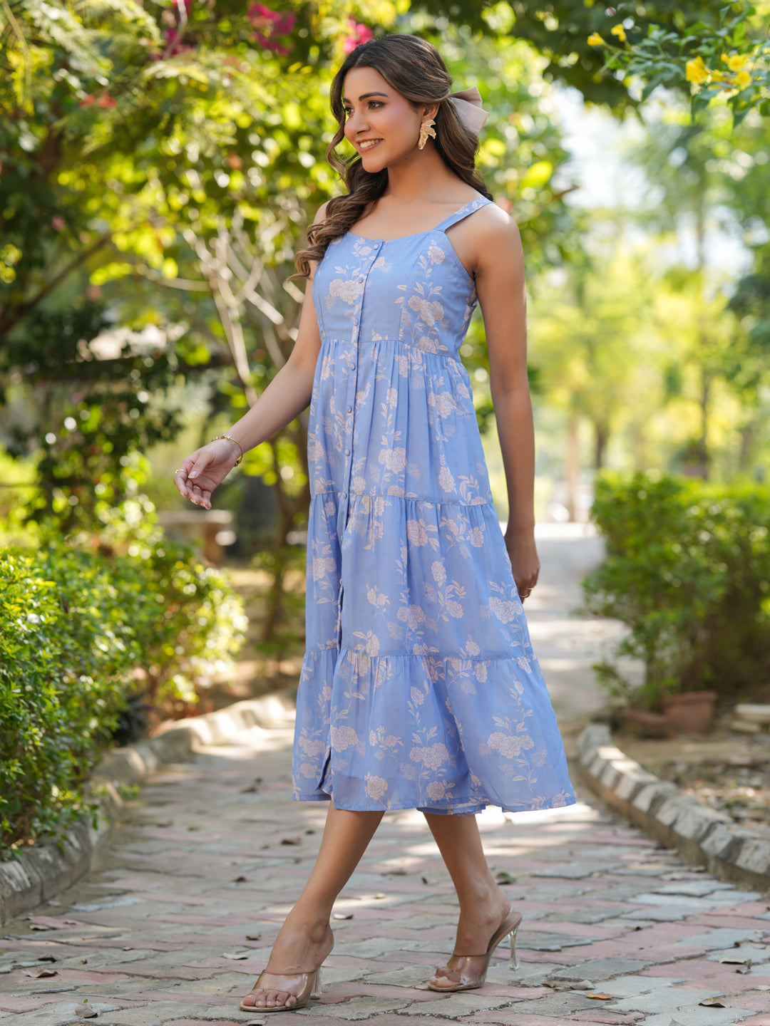Janasya Bright Georgette Floral Tiered Dress | Swadesiicart
