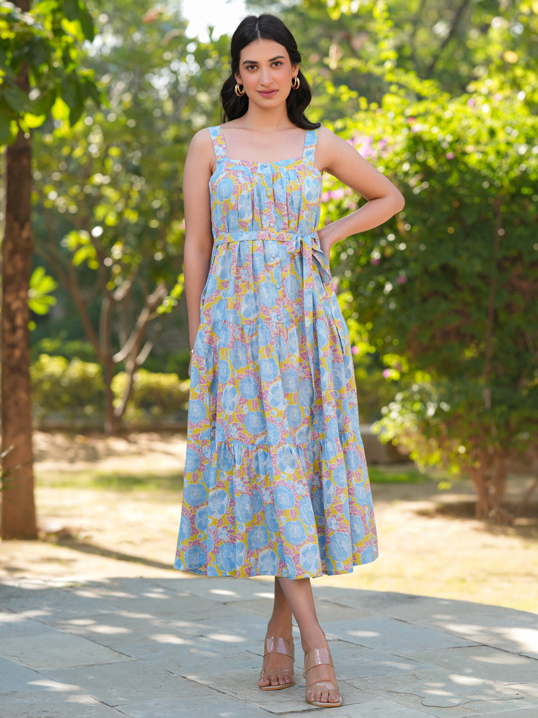 Janasya Light Cotton Floral Tiered Dress | Swadesiicart