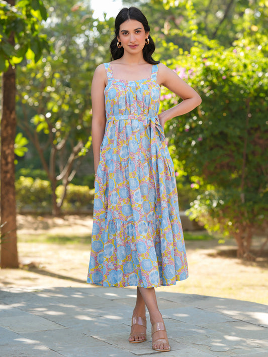 Janasya Light Cotton Floral Tiered Dress | Swadesiicart