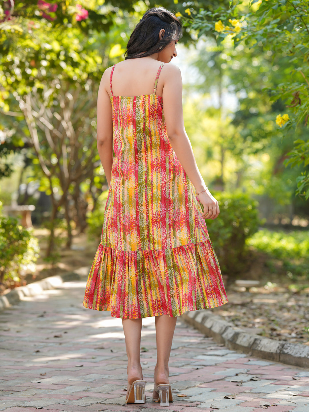 Janasya Bright Cotton Floral Tiered Dress | Swadesiicart