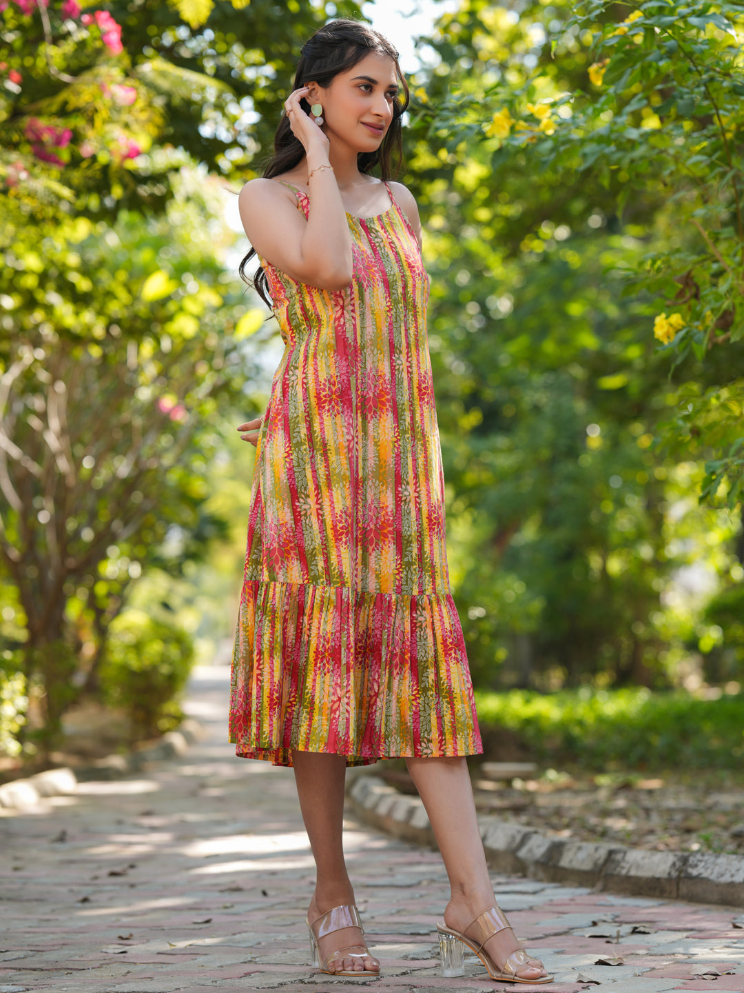 Janasya Bright Cotton Floral Tiered Dress | Swadesiicart