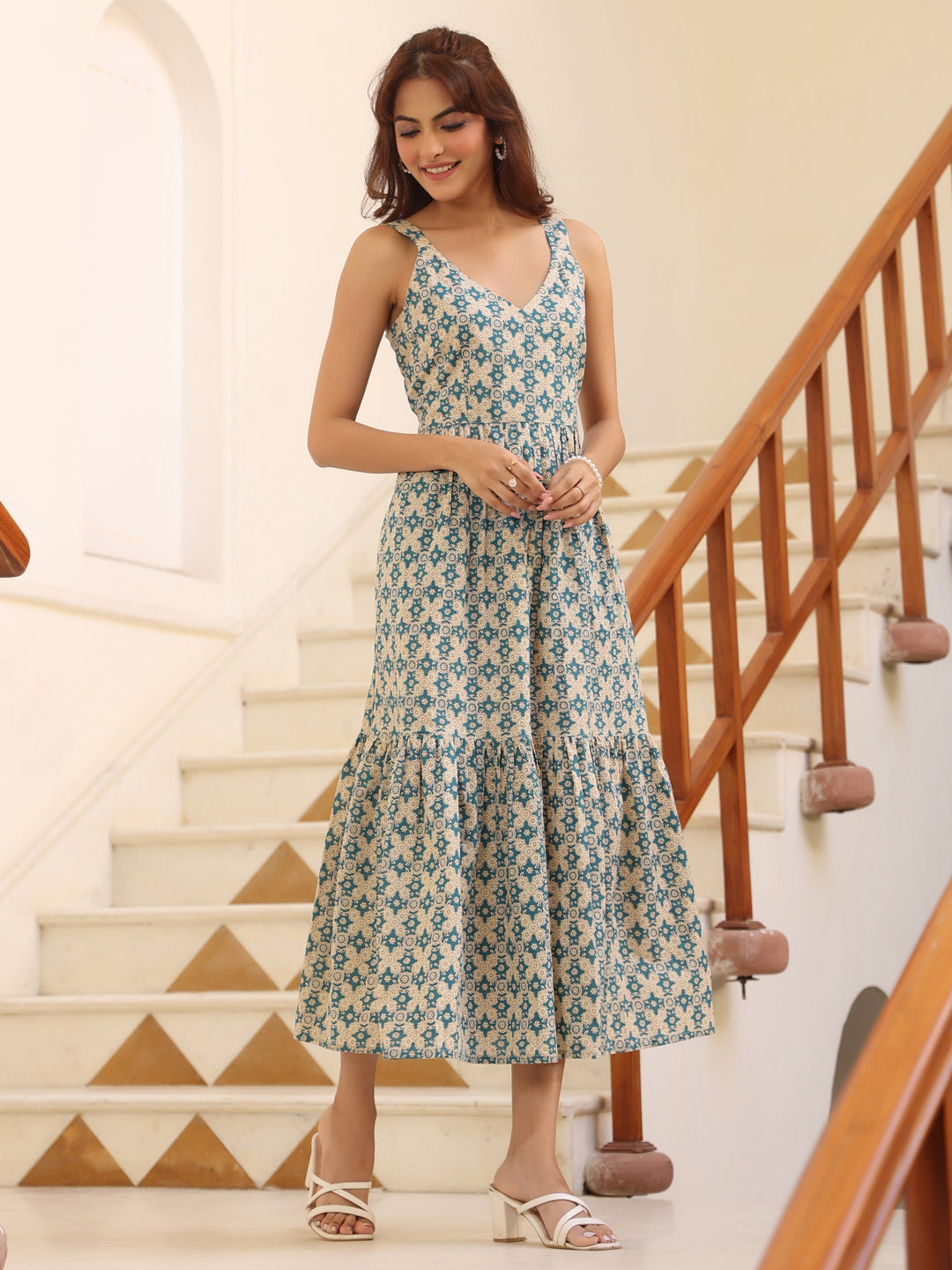 Janasya Light Cotton Ethnic Motifs Tiered Dress | Swadesiicart