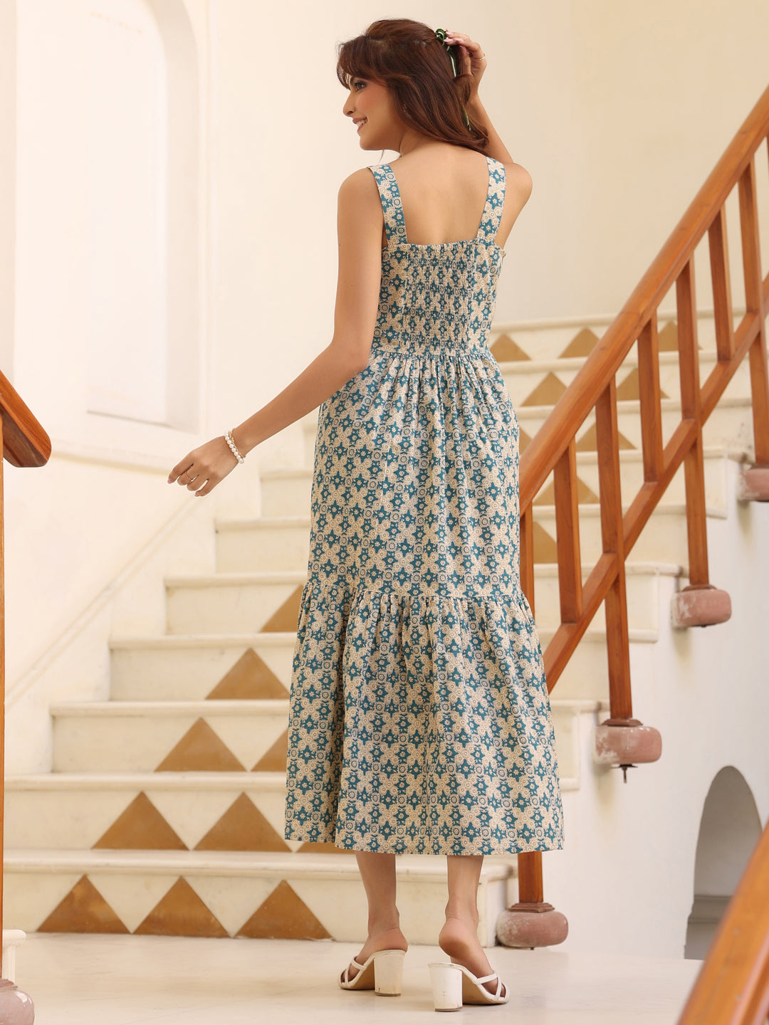 Janasya Light Cotton Ethnic Motifs Tiered Dress | Swadesiicart