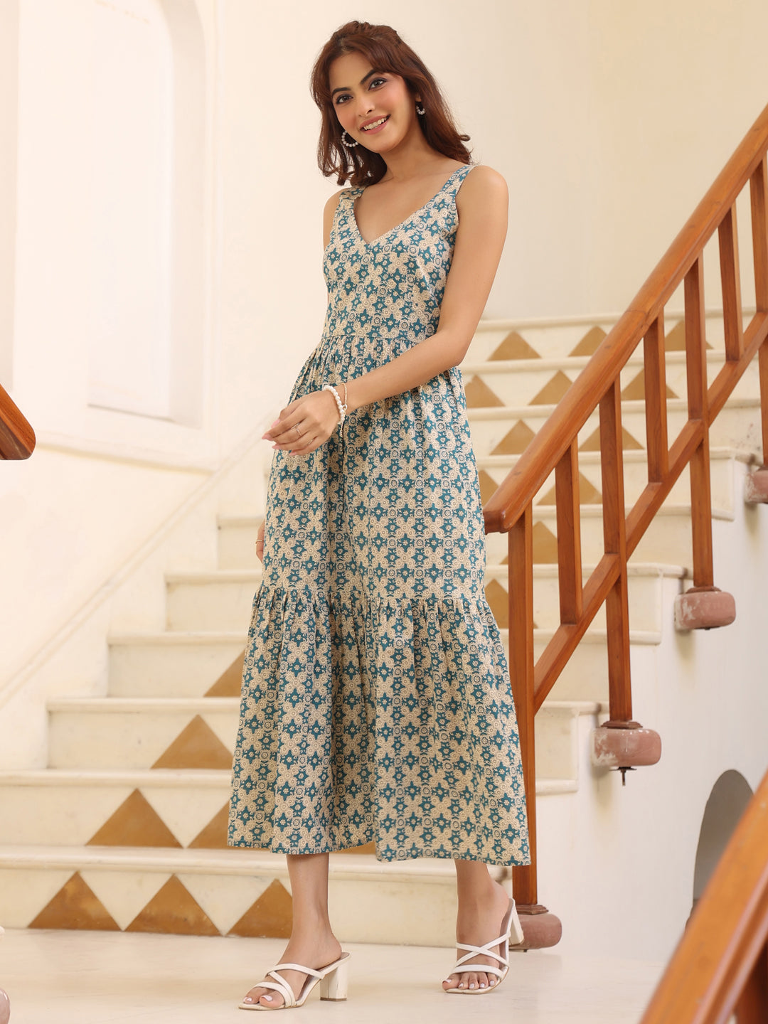 Janasya Light Cotton Ethnic Motifs Tiered Dress | Swadesiicart