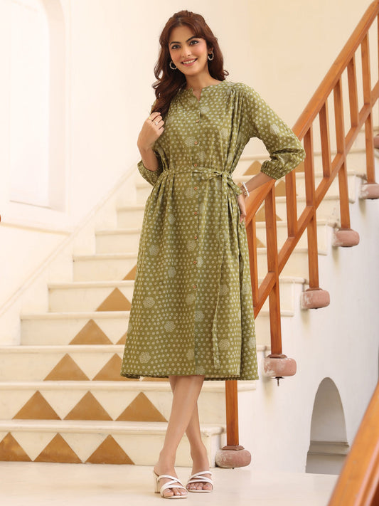 Janasya Dark Cotton Floral A-Line Dress | Swadesiicart