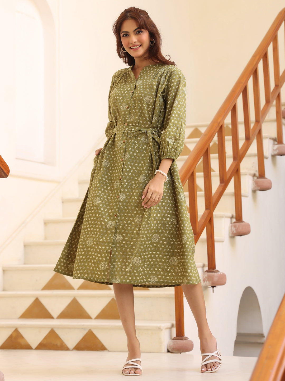 Janasya Dark Cotton Floral A-Line Dress | Swadesiicart