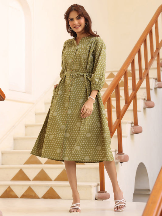 Janasya Dark Cotton Floral A-Line Dress | Swadesiicart