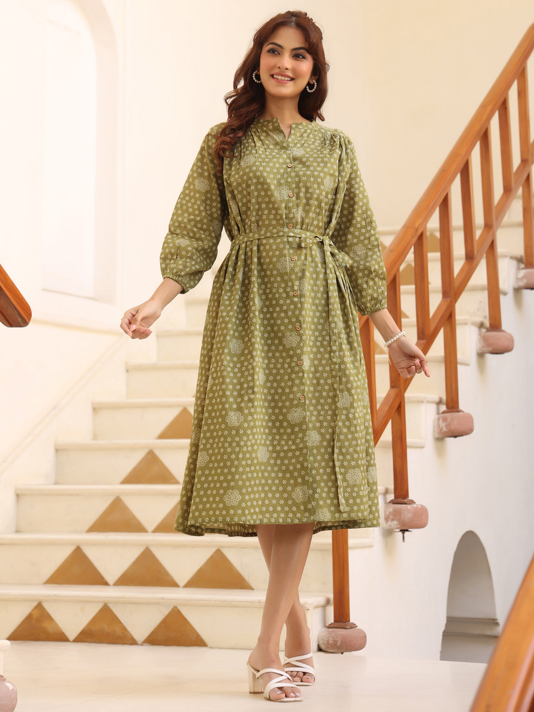 Janasya Dark Cotton Floral A-Line Dress | Swadesiicart