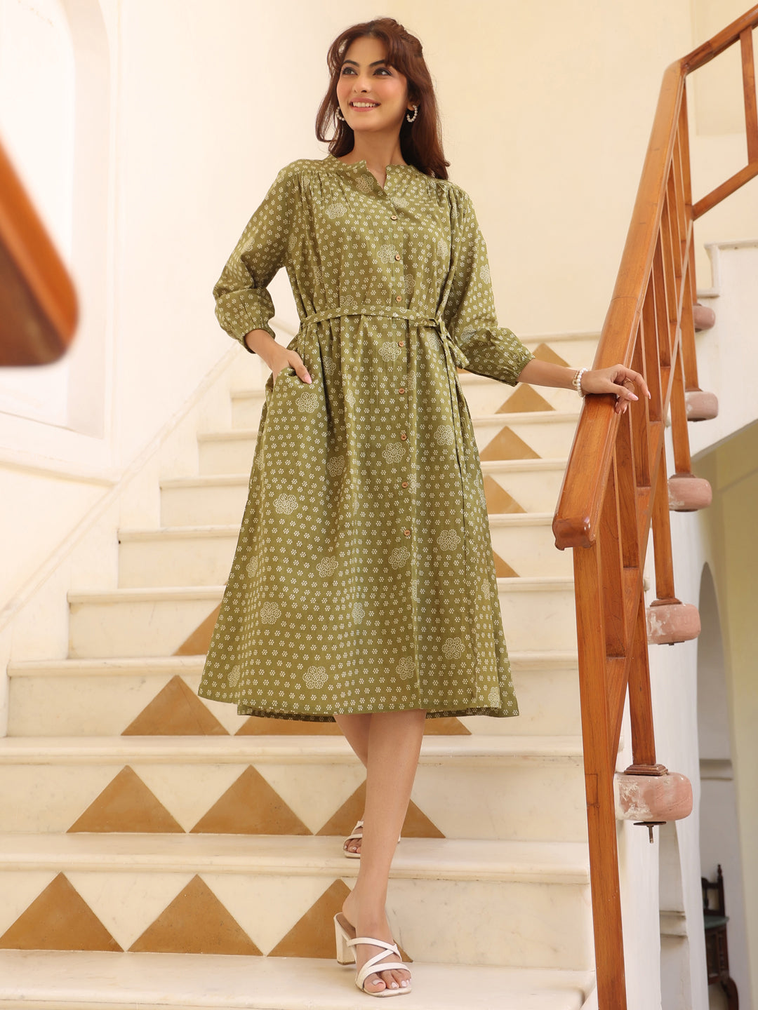 Janasya Dark Cotton Floral A-Line Dress | Swadesiicart