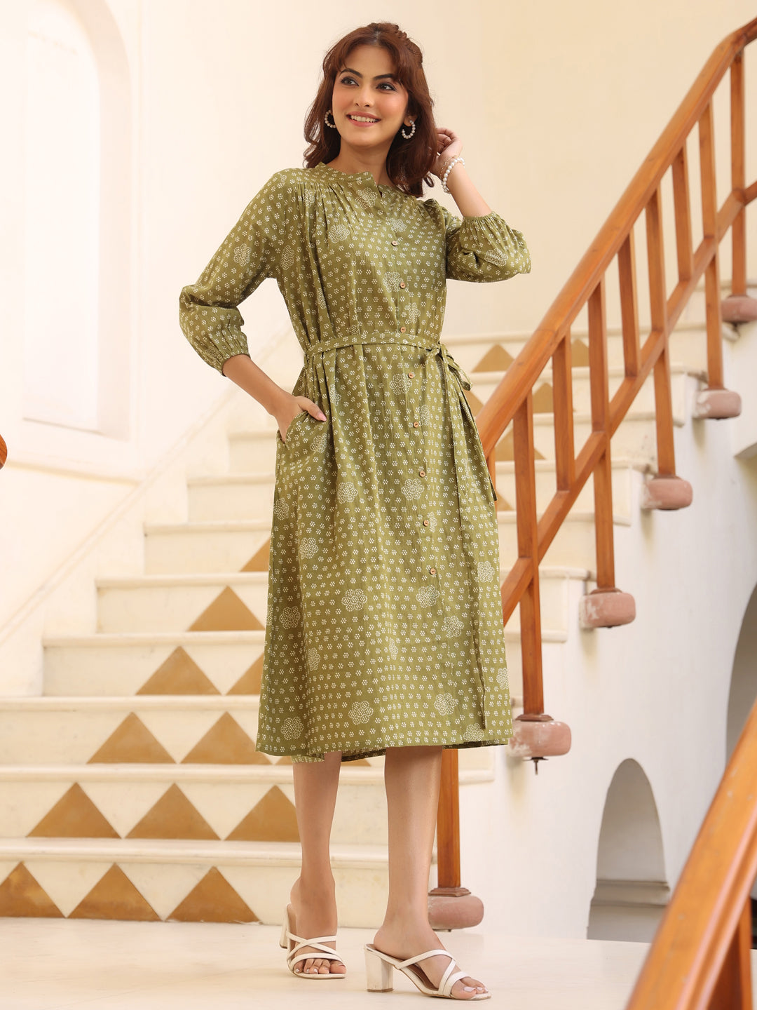 Janasya Dark Cotton Floral A-Line Dress | Swadesiicart