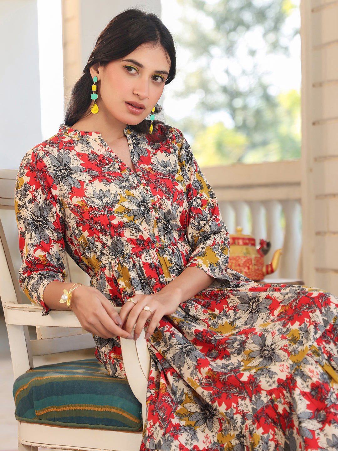 Janasya Dark Cotton Floral Tiered Dress | Swadesiicart