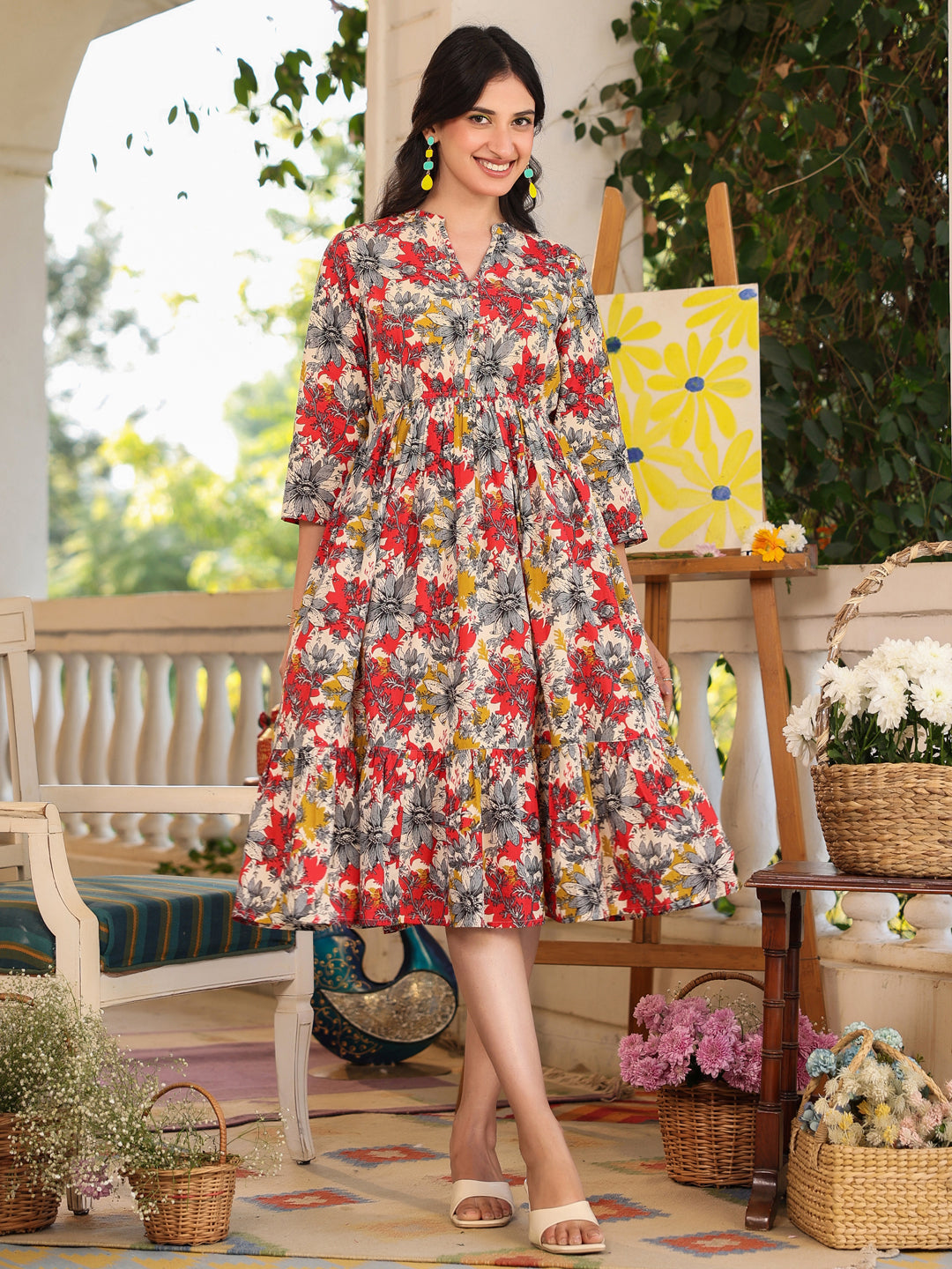 Janasya Dark Cotton Floral Tiered Dress | Swadesiicart