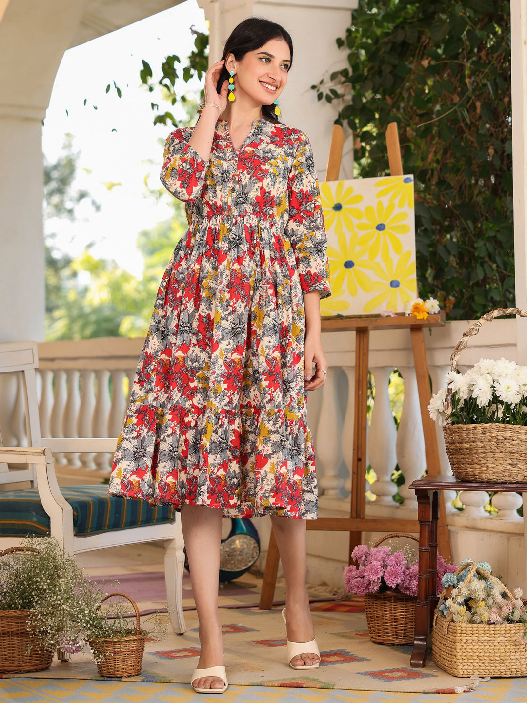 Janasya Dark Cotton Floral Tiered Dress | Swadesiicart