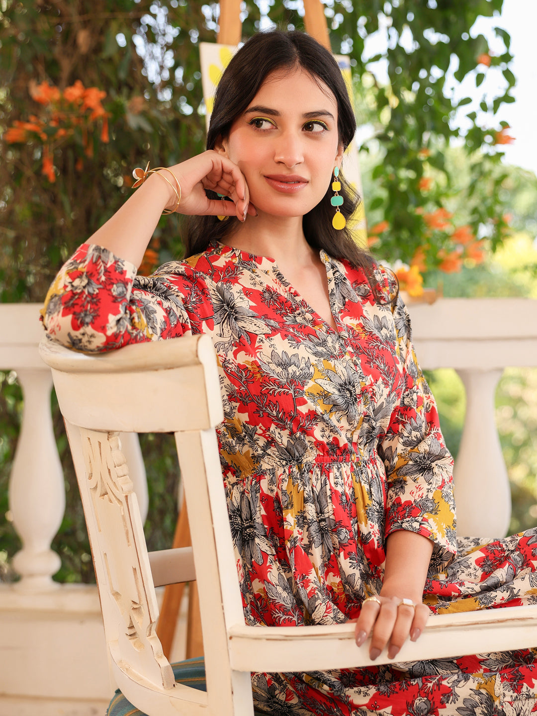 Janasya Dark Cotton Floral Tiered Dress | Swadesiicart