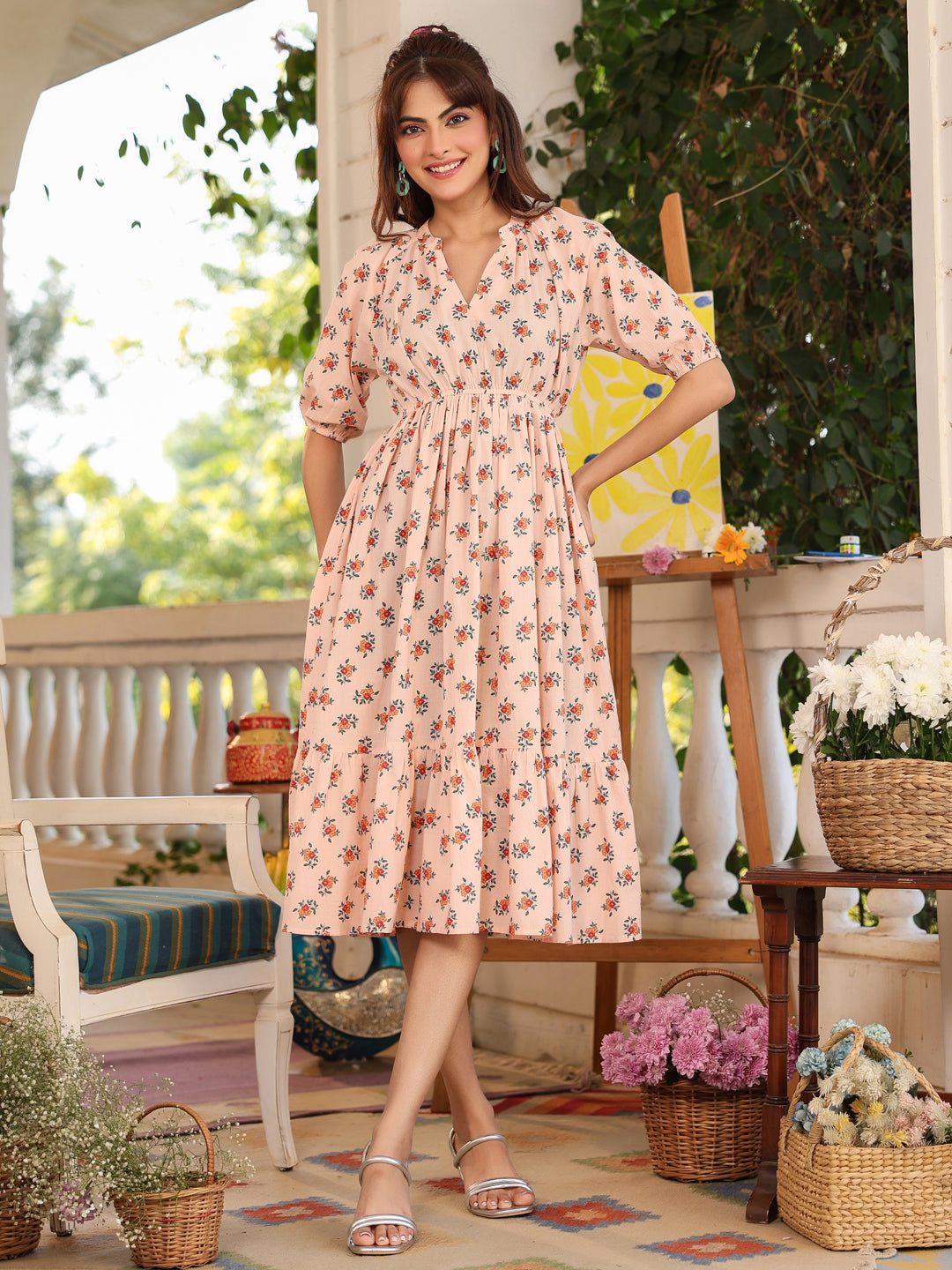 Janasya Light Cotton Floral Tiered Dress | Swadesiicart