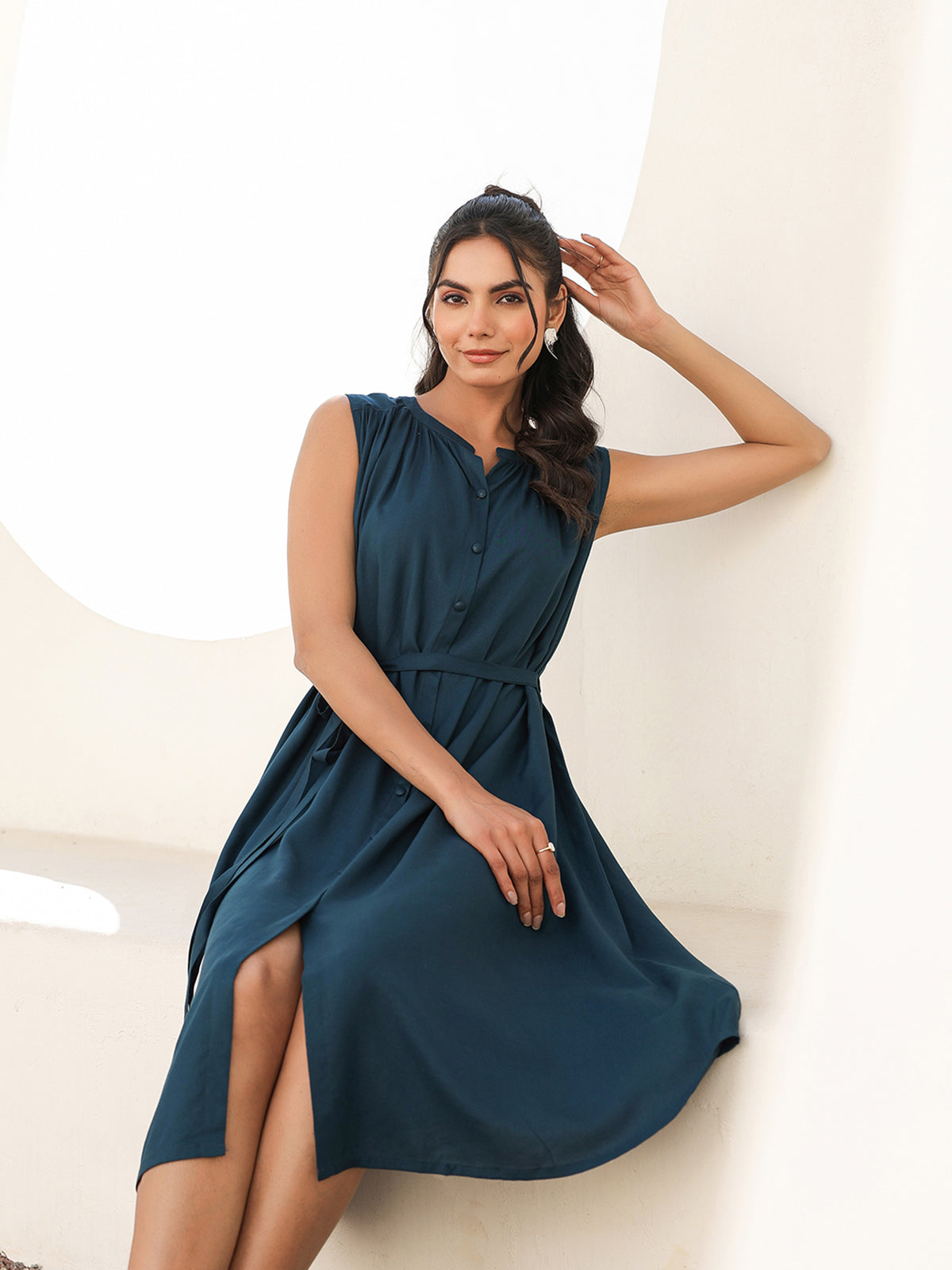 Janasya Dark Rayon Solid A-Line Dress | Swadesiicart