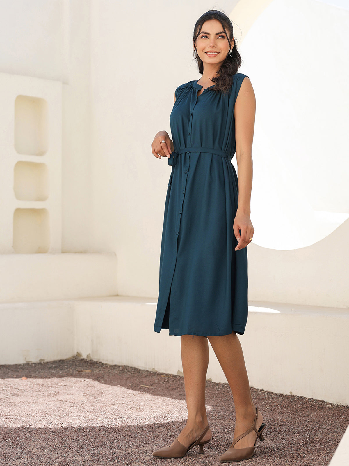Janasya Dark Rayon Solid A-Line Dress | Swadesiicart