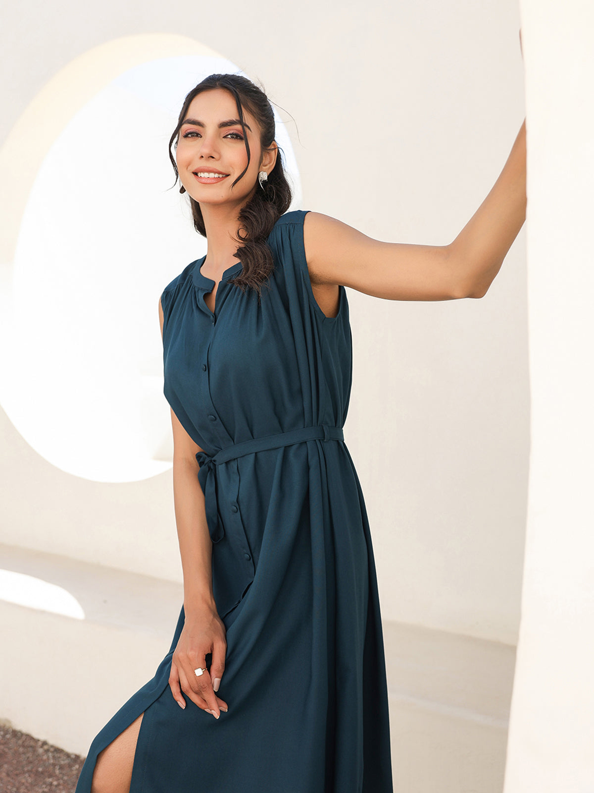 Janasya Dark Rayon Solid A-Line Dress | Swadesiicart