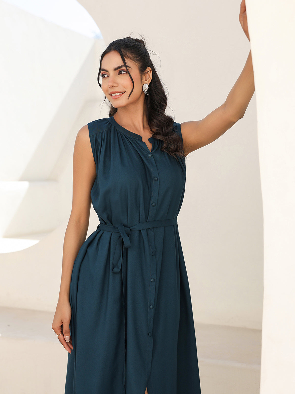 Janasya Dark Rayon Solid A-Line Dress | Swadesiicart