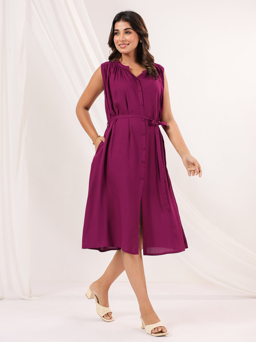 Janasya Dark Rayon Solid A-Line Dress | Swadesiicart