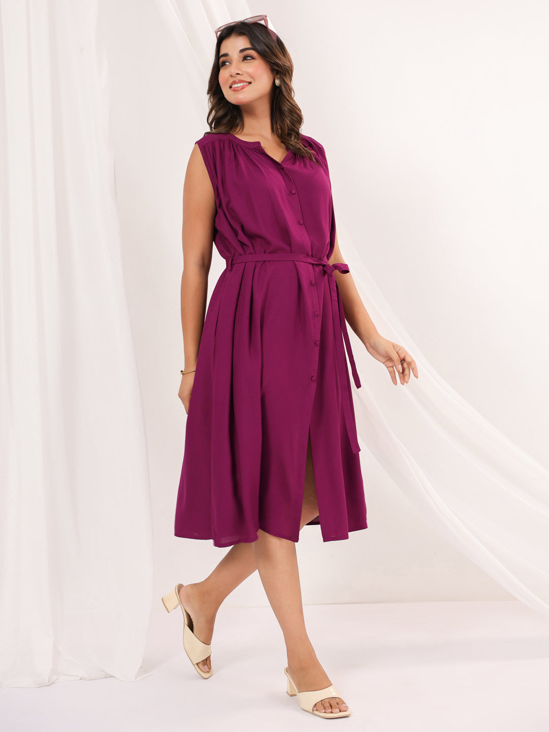 Janasya Dark Rayon Solid A-Line Dress | Swadesiicart