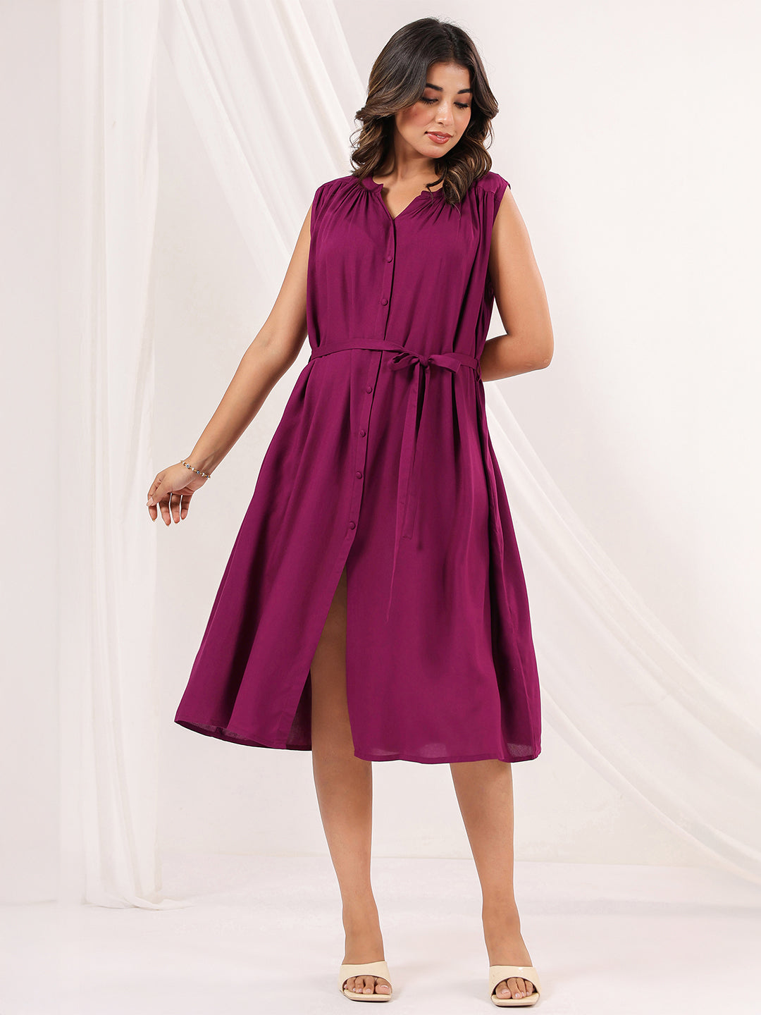 Janasya Dark Rayon Solid A-Line Dress | Swadesiicart