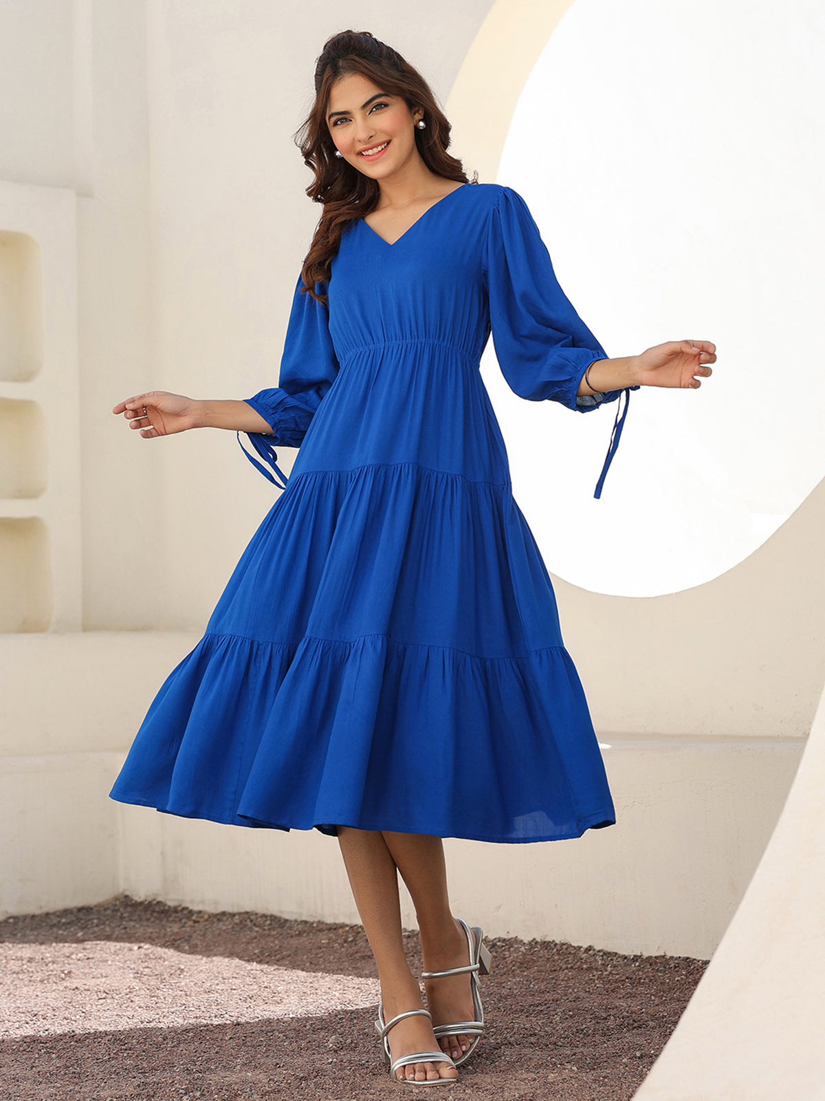 Janasya Bright Rayon Solid Tiered Dress | Swadesiicart