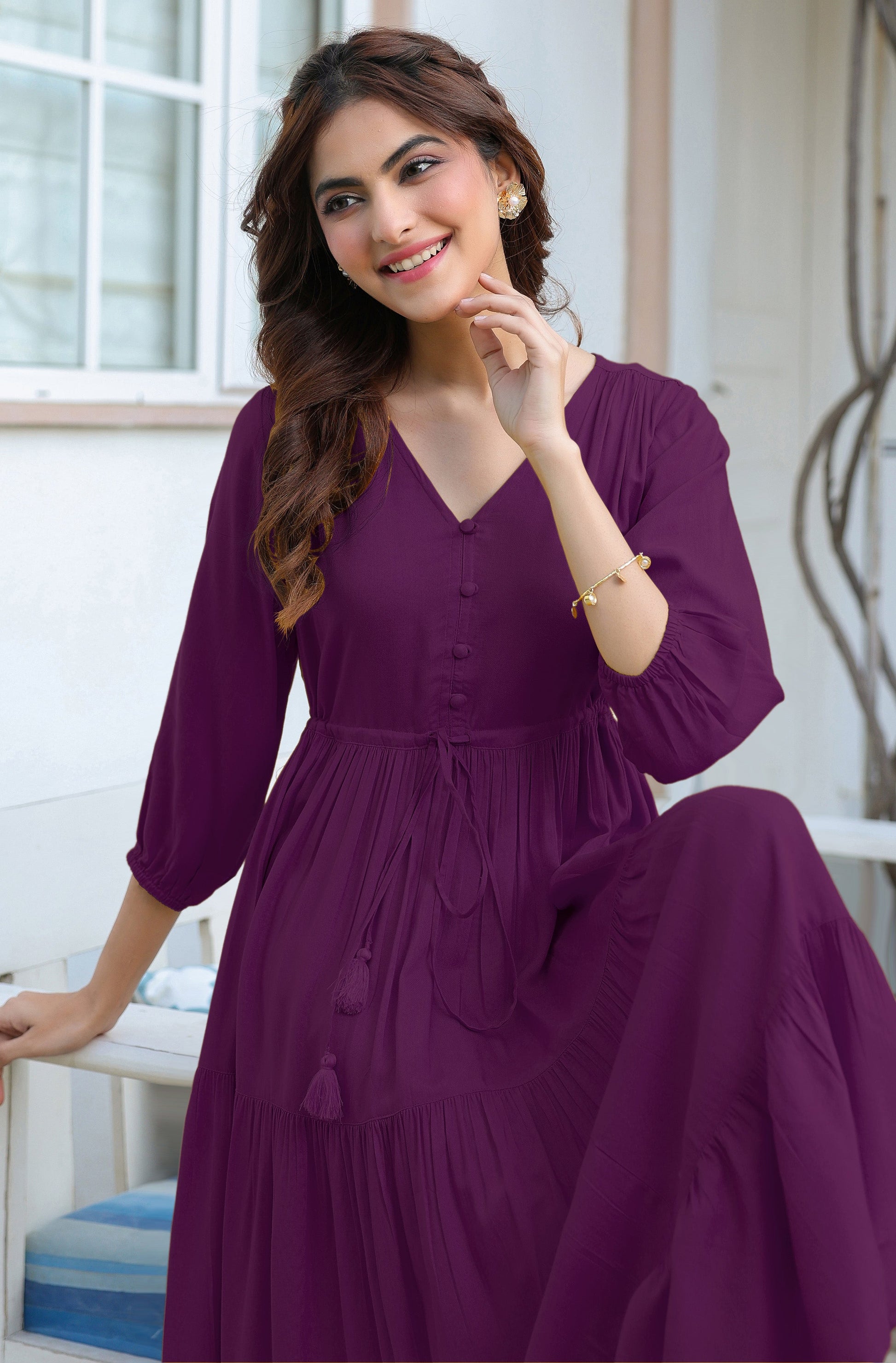 Janasya Dark Rayon Solid Tiered Dress | Swadesiicart