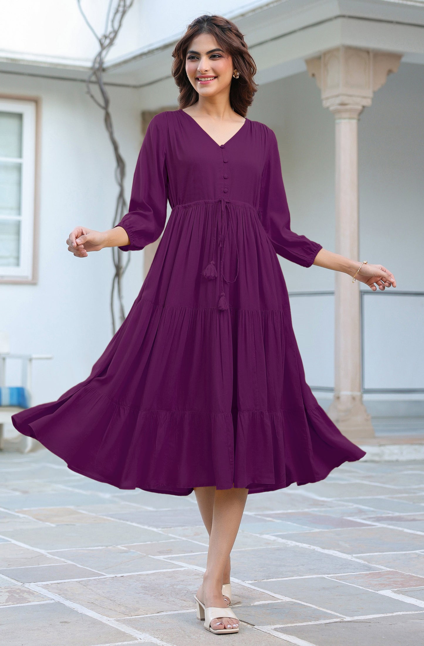 Janasya Dark Rayon Solid Tiered Dress | Swadesiicart