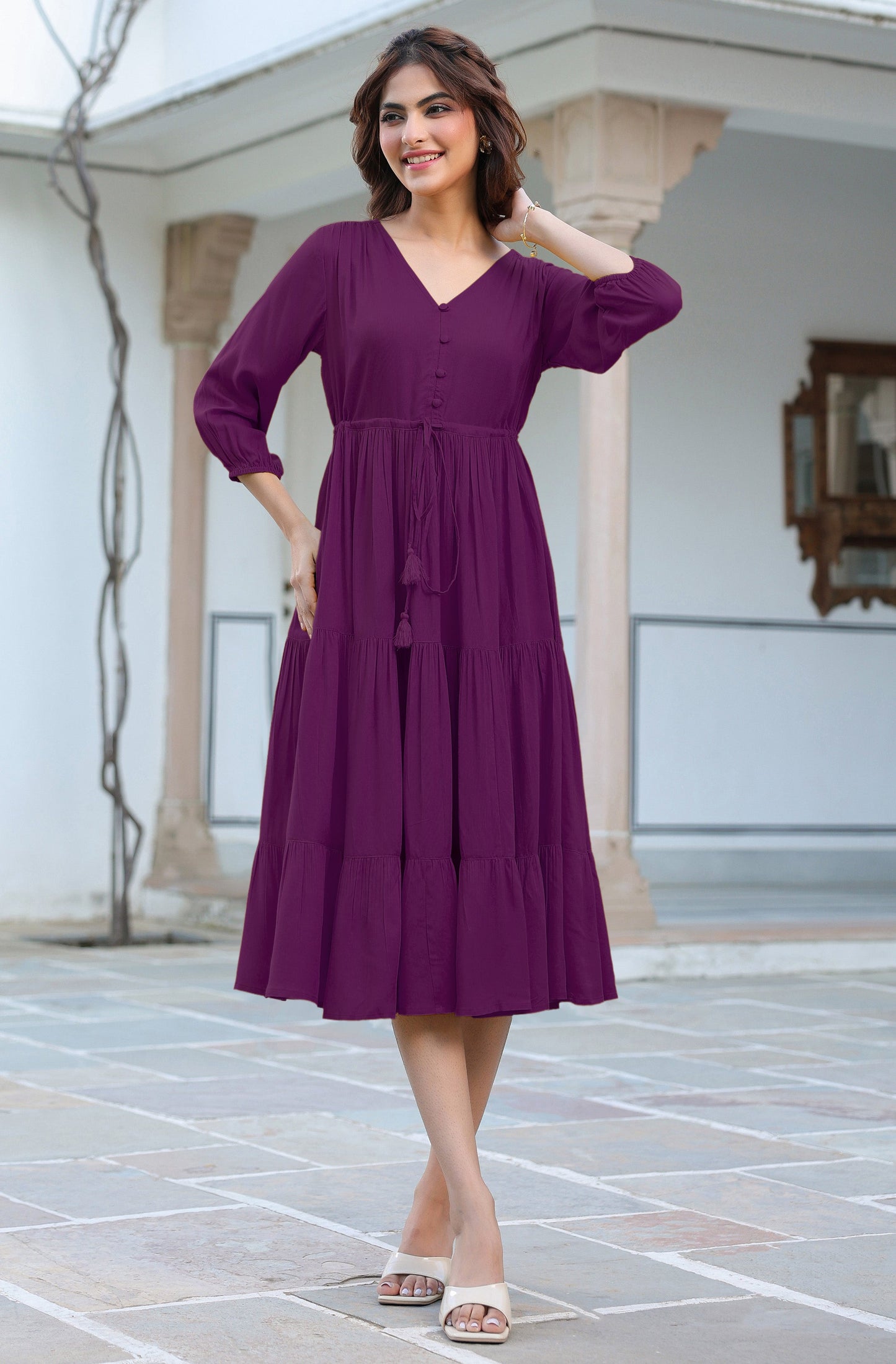 Janasya Dark Rayon Solid Tiered Dress | Swadesiicart