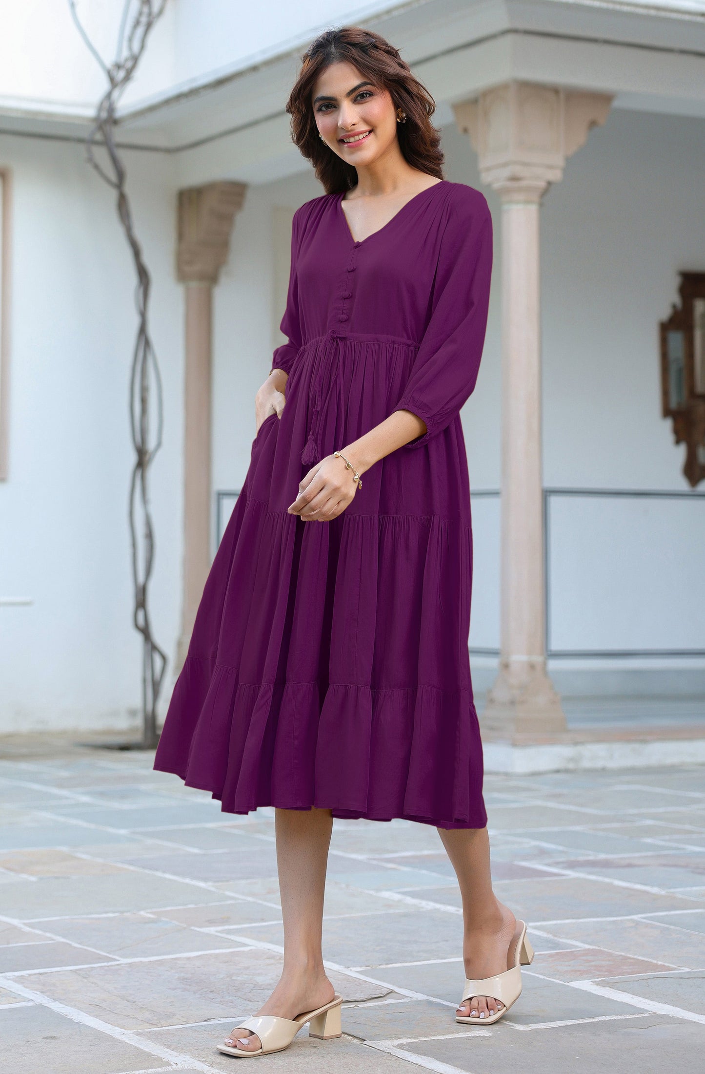 Janasya Dark Rayon Solid Tiered Dress | Swadesiicart