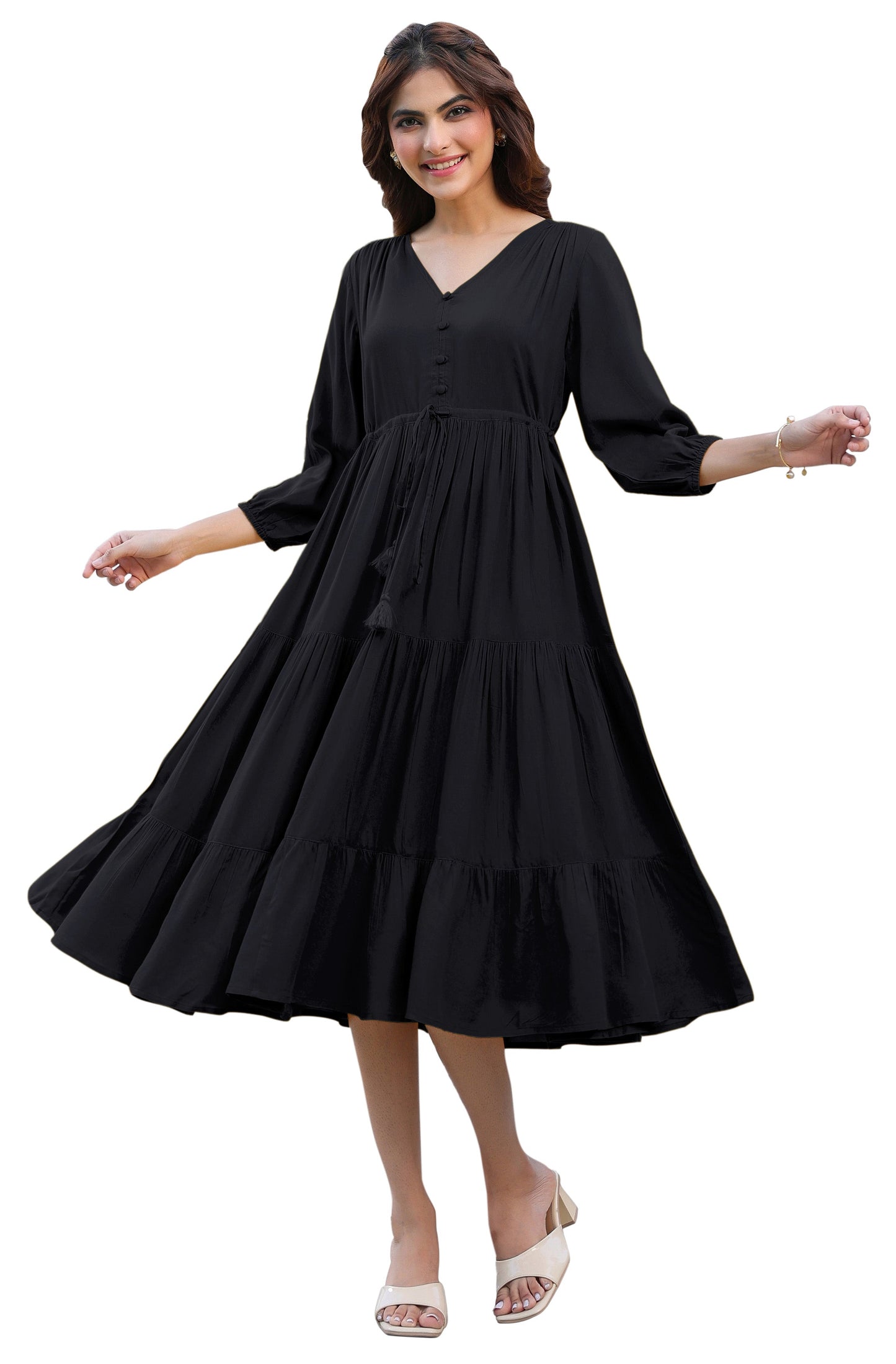 Janasya Dark Rayon Solid Tiered Dress | Swadesiicart
