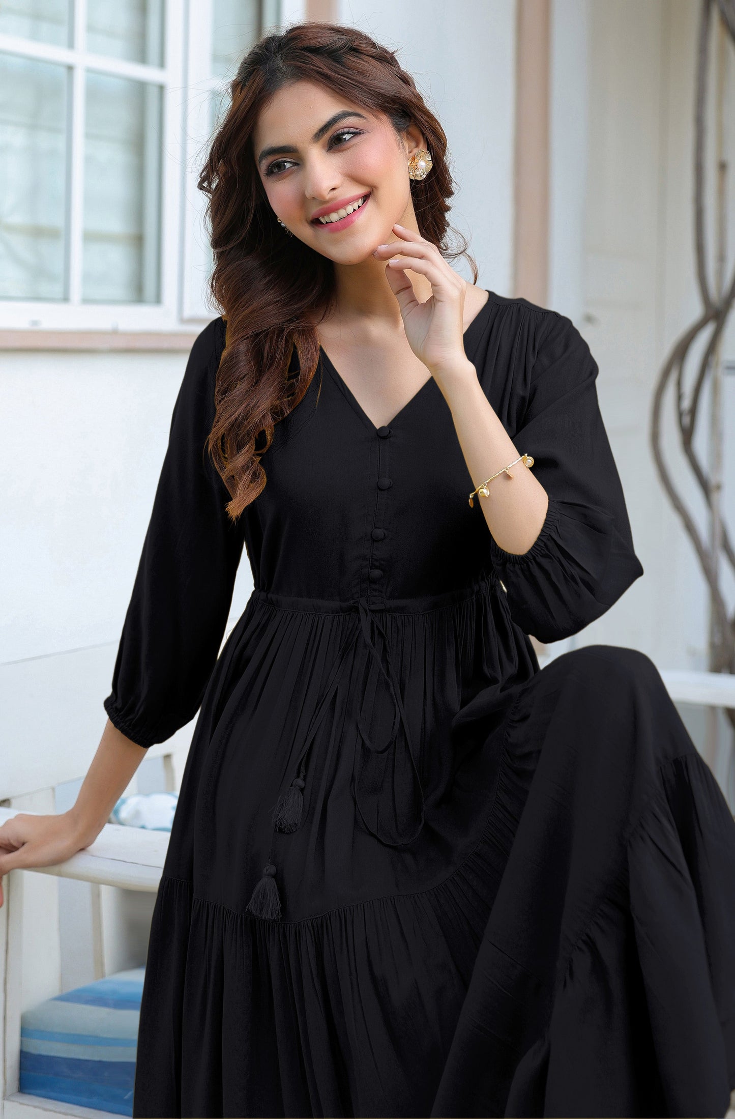 Janasya Dark Rayon Solid Tiered Dress | Swadesiicart